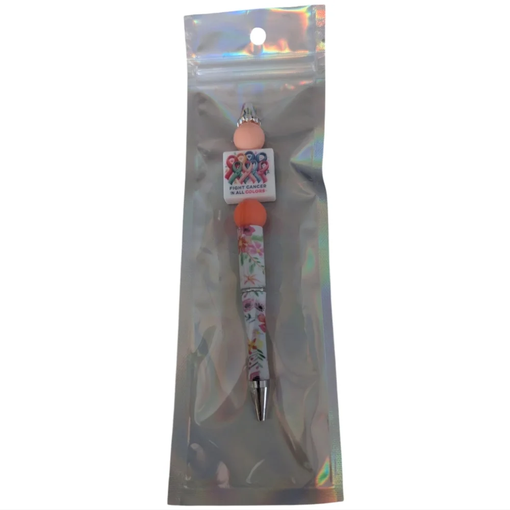 Hand Crafted Fight Cancer Pen ribbons floral beads white